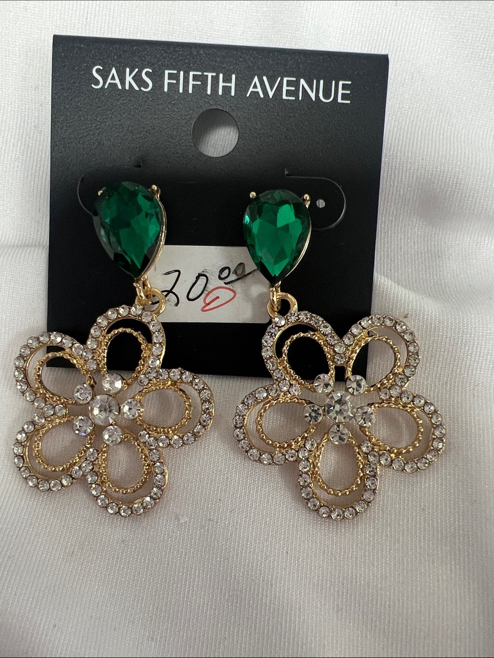 Saks Fifth Avenue Gold Flower Drop Earrings with Emerald Green Teardrops